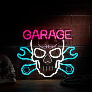Skull Garage  Service Automotive Neon Sign for Wall Decor with Dimmable  Man Cave LED Neon Signs Light(Pink+Blue+White)