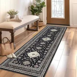 GARVEE Entryway Runner Rug 2x6 - Washable, Non-Slip, Foldable Soft Long Rug for Indoor Use in Hallways, Kitchens, Laundry, and Bedside - Vintage Oriental Distressed Design in Black