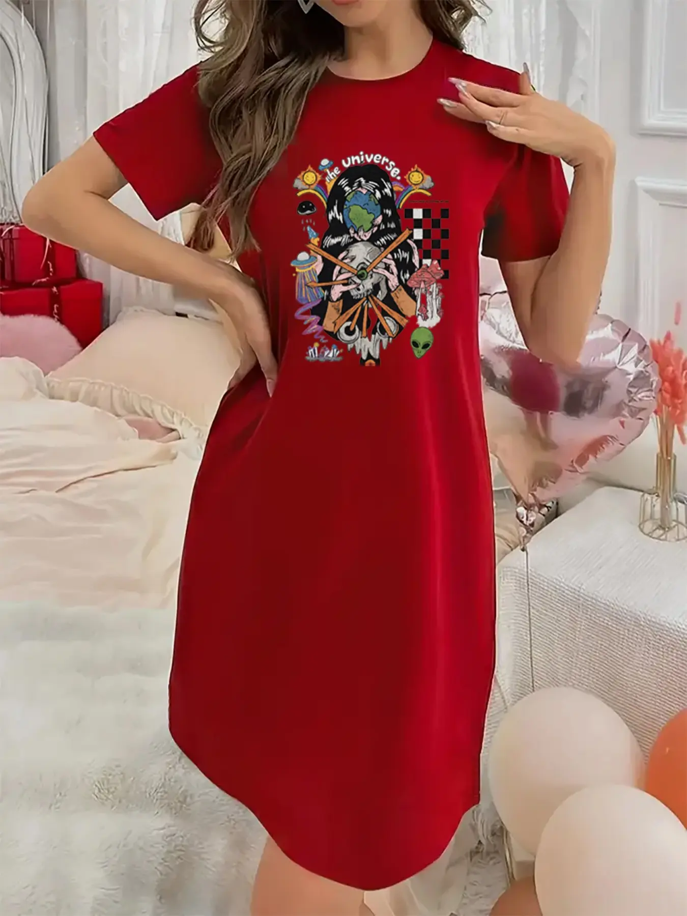 Soft and Slightly Stretchy Women's Underwear The Universe Fantasy Pattern Short Sleeve Crew Neck Nightgown, Sexy Elegant Youthful Women's Christmas Dress, Perfect for Halloween, Christmas, and Thanksgiving Gifts