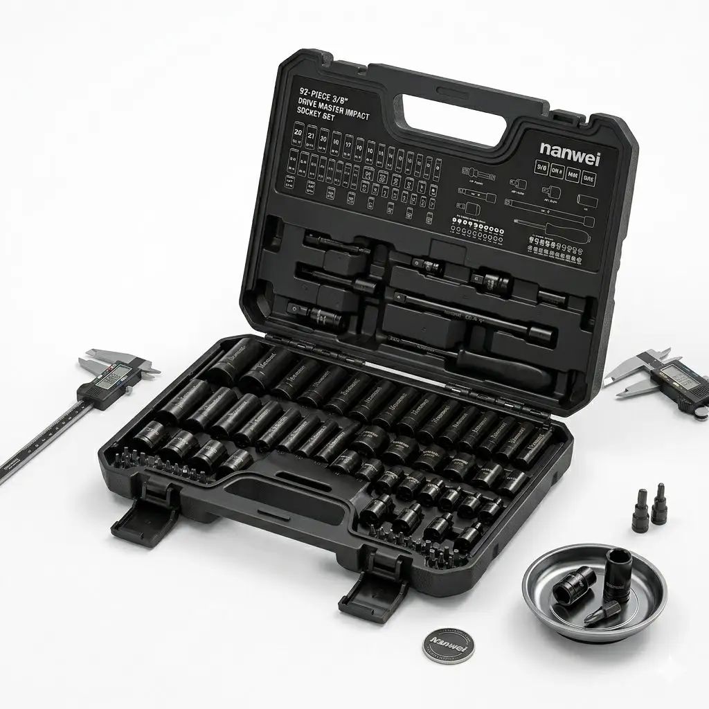 NANWEI 92Pcs 3/8 Inch Drive Master Impact Socket Tool Kit, Metric SAE Deep & Standard Sockets, Ratchet Wrench Extension Bars U-Joint Screwdriver Bits Set with Hard Storage Case for Auto Garage Mechanic Repair