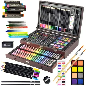 145 count Deluxe Art Set, Wooden Box & Drawing Kit with Crayons, Oil Pastels, Colored Pencils, Watercolor Cakes, Sketch Pencils,  Brush, Sharpener, Eraser, Color Chart (Cherry)