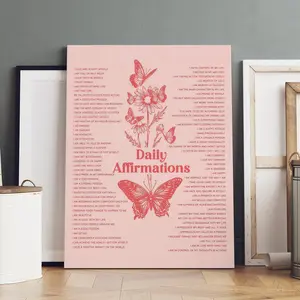 1 Count Wooden Frame Canvas, Pink Butterfly "Daily Self Affirmation" theme poster, Inspirational Decoration, Birthday fashion Decoration, Modern Home Poster, Beautifully printed canvas, Perfect for living room and hallway wall Art, HD, waterproof, art