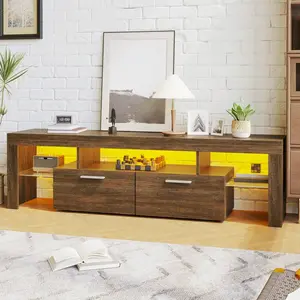 TV Stand With LED Lights,Open Shelf Console Table Storage Desk With 2 Drawer And Remote Control 20 Color LED Lights Up To 70 Inch TV,Entertainment Center Media And Open Shelf For Bedroom