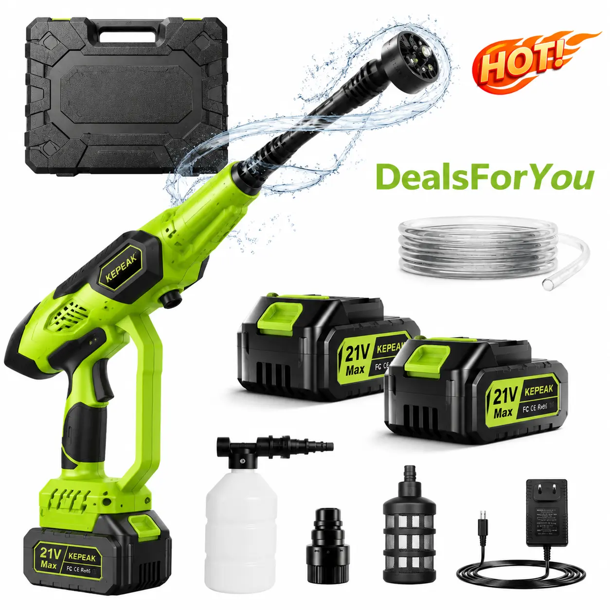 【DealsForYou】KEPEAK Cordless Handheld Pressure Washer, 21V 200W 203-232PSI Car Wash Kit with 6-in-1 Nozzle, Foam Bottle, Dual 10×1300mAh Lithium Batteries, Household Outdoor Cleaning Gift for Fathers Day