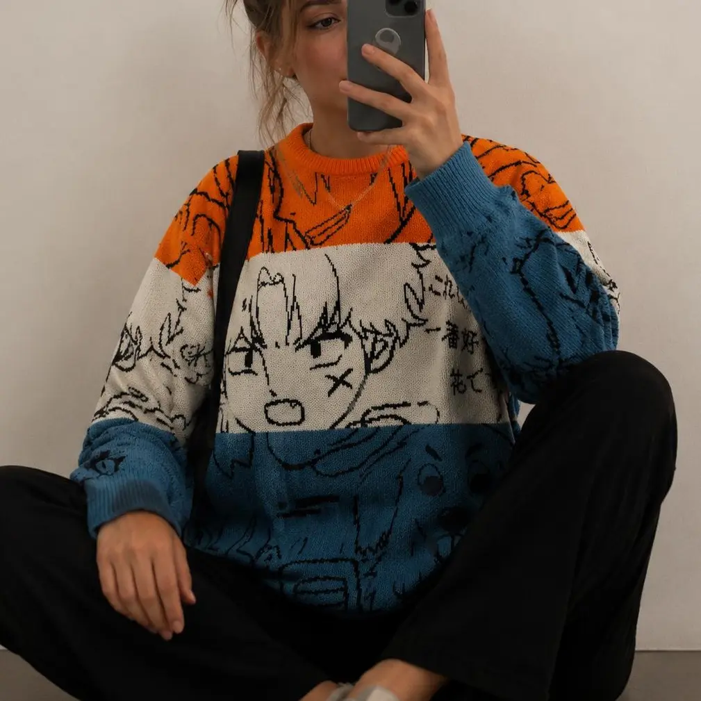 Womens Oversized Anime Sweater Boyfriend Fit Color Block Knit Pullover Harajuku Kawaii Graphic Crewneck Long Sleeve Tops Y2K Streetwear Cute Comic Print Cozy Fall Winter Knitted Jumper Lightweight Casual Apparel S M L XL