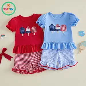 Girls Independence Day Outfit Popsicle Embroidery Short Puff Sleeve Tops and Elastic Waist Plaid Shorts 2-Piece Set