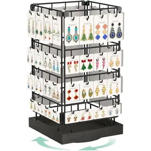 Rotating Earring Display Holder Stand for Vendors Events Selling, Large Capacity 64 Hooks  Rack with Wooden Base for Earring Card , Enhances Retail Visibility