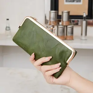 Fashion Retro Double-Fold Zipper Kiss Lock Card Holder Wallet for Women, Featuring Card Slots And an ID Window, Made of Minimalist in a Long Design.