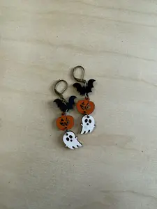 Bat Pumpkin Ghost Dangle Earrings, Fun Halloween Earrings, Teacher Gift, Halloween Party Earrings, Fall Earrings, Lightweight Wooden Earrings, Bead and Board, Made in Iowa