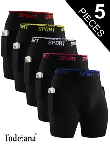 Todetana 5-piece Men's Solid Color Letter Tape Side Pocket Boxer Brief, Breathable Comfortable Underwear for Daily or Sports Wear, Casual Men's Underwear for All Seasons, Breathable Boxer Briefs