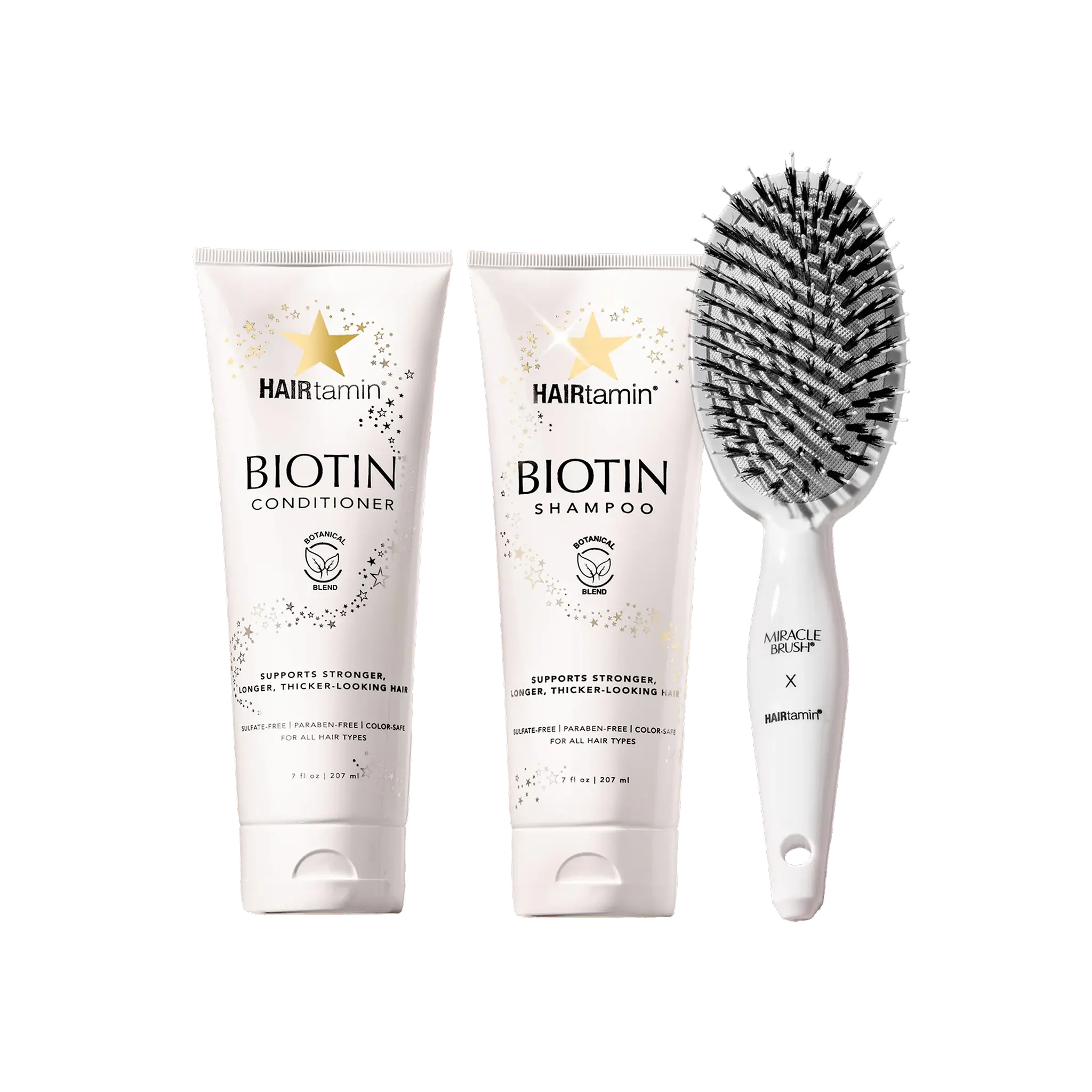 HAIRtamin - Biotin & Botanicals Shampoo, Conditioner Set & Miracle Brush Bundle