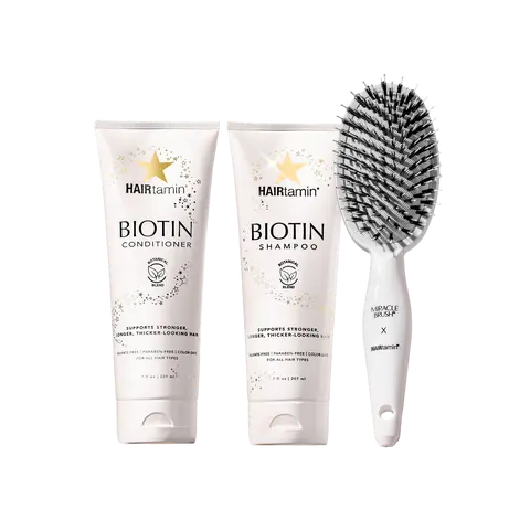 HAIRtamin - Biotin & Botanicals Shampoo, Conditioner Set & Miracle Brush Bundle