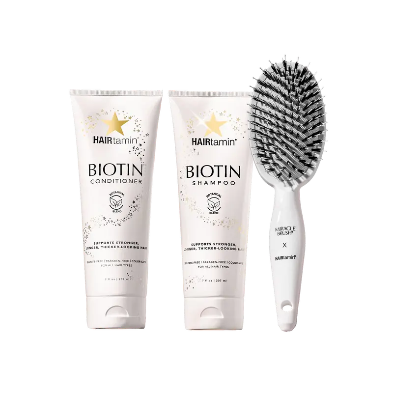HAIRtamin - Biotin & Botanicals Shampoo, Conditioner Set & Miracle Brush Bundle