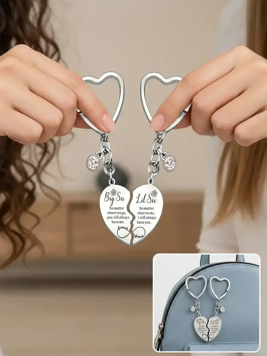 Heart Keychain Set for Big Sister Little Sister, Matching Key Ring, Matching Keychains, Stainless Steel Decorative Key Chain, Birthday Gift, 2 Piece Set, Keychain Accessories