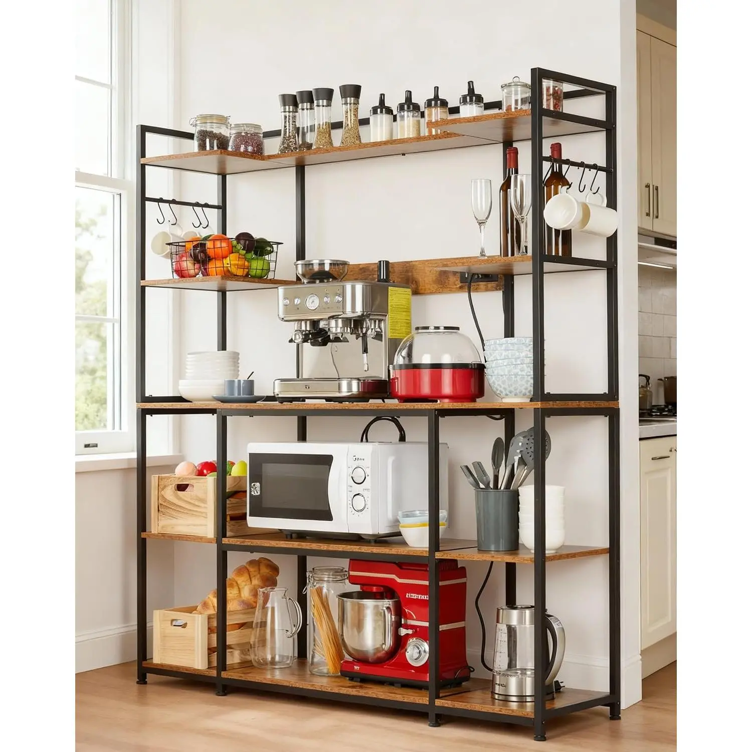 Bakers Rack with Power Outlet - 4-Tier Kitchen Storage Shelf - Microwave Oven Stand, Coffee Bar Table, 6 S Hooks, Rustic Brown Metal & Wood Organizer for Spices and Pots