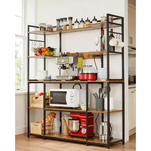Bakers Rack with Power Outlet - 4-Tier Kitchen Storage Shelf - Microwave Oven Stand, Coffee Bar Table, 6 S Hooks, Rustic Brown Metal & Wood Organizer for Spices and Pots