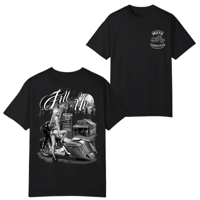 Women's Novelty Customized Cotton Short-Sleeve Retro Motorcycle Art Top - Vintage Gas Station Design, 2025 Shirt for Bikers, Summer Vacation Outfits, Shortsleeve