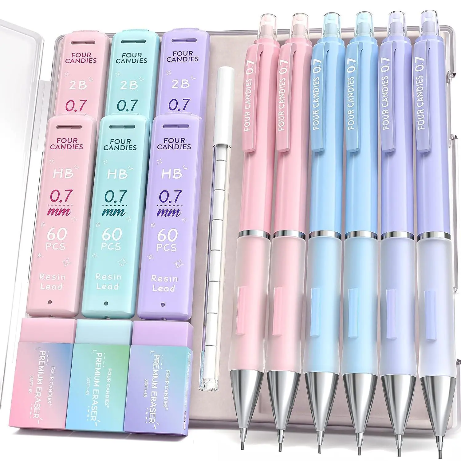 Four Candies Pastel Mechanical Pencil Set, 0.7mm Medium Point, Pack of 6 | 360 HB/2B Leads, 3 Erasers+9 Refills, Storage Case, Cute Pink/Purple/Blue Barrels, Rubber Grip, for School Note Taking, Exams