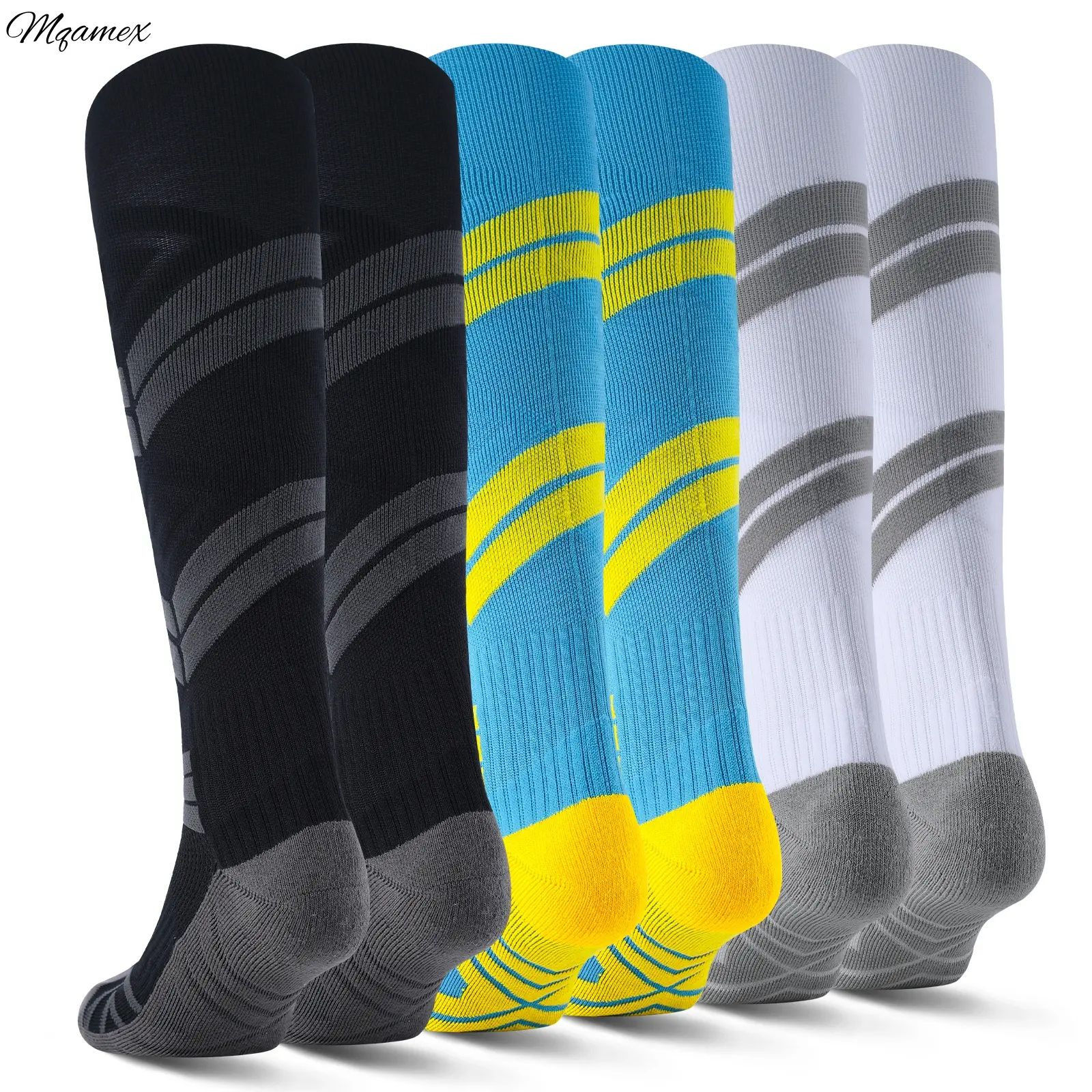 Mqamex Male Youth Cotton Striped Winter Thick Towel-Bottom Over-the-Knee Soccer Socks, Professional Athletic Running & Sports Fit Socks for Soccer & Futsal, Athletic Running Socks