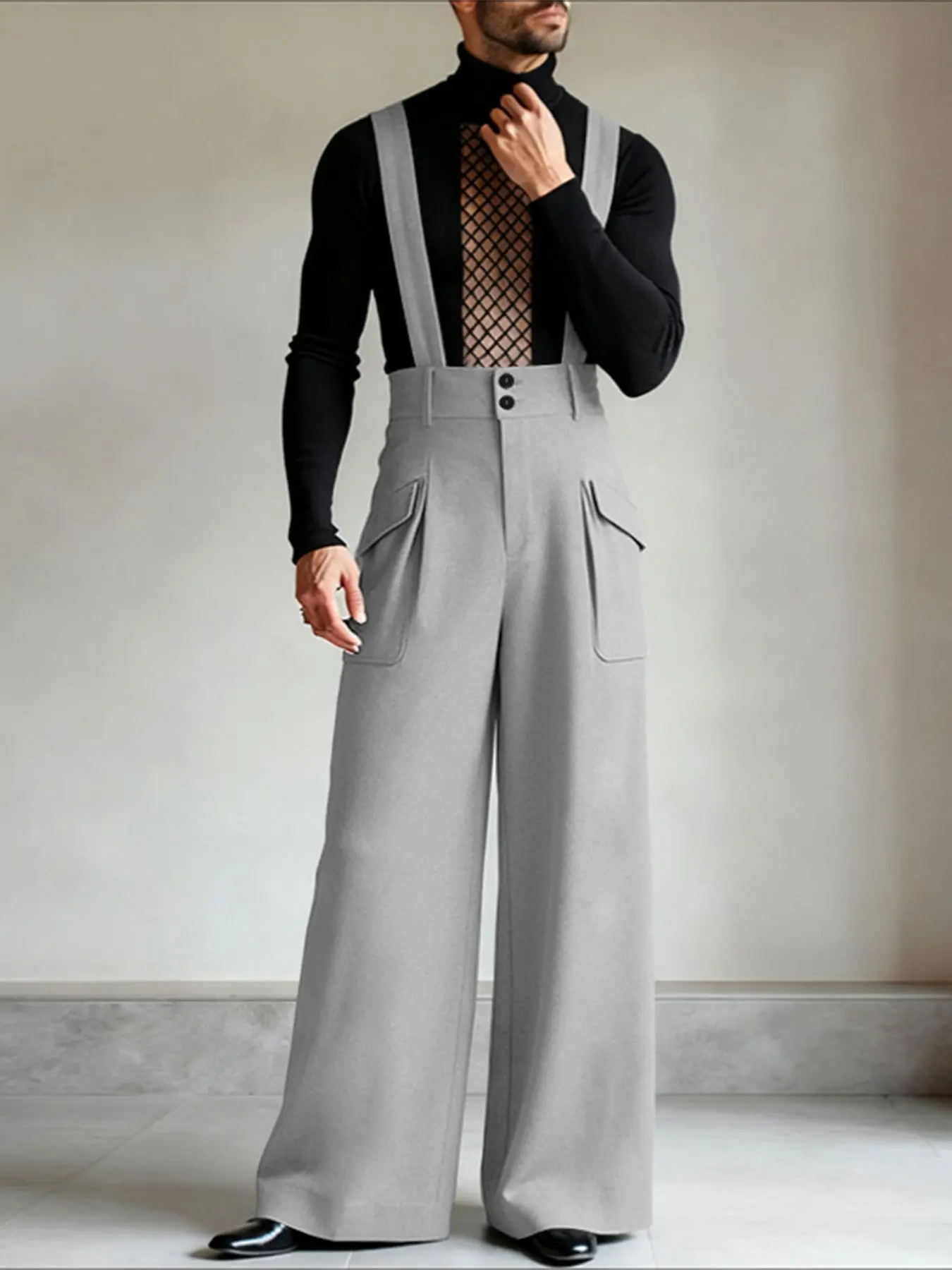 INCERUN Men's Casual Fashion Drawstring Oversized Pants, Plain Loose-Fitting, All Seasons, Daily Wear, Zipper Design, Comfortable & Stylish, Baggy
