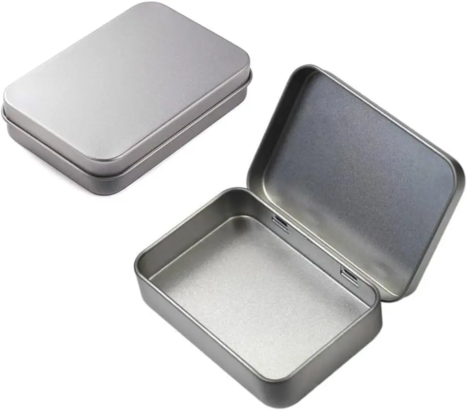 2 Pieces 4.5 x 3.3 x 0.86 Inch Rectangular Empty Hinged Tin Box Containers for Home Storage or Outdoor Active Storage Containers Light Metal