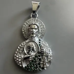 Saint Jude Thaddeus Pendant Silver Stainless Steel 24” Chain Jesus Cubic Zirconi