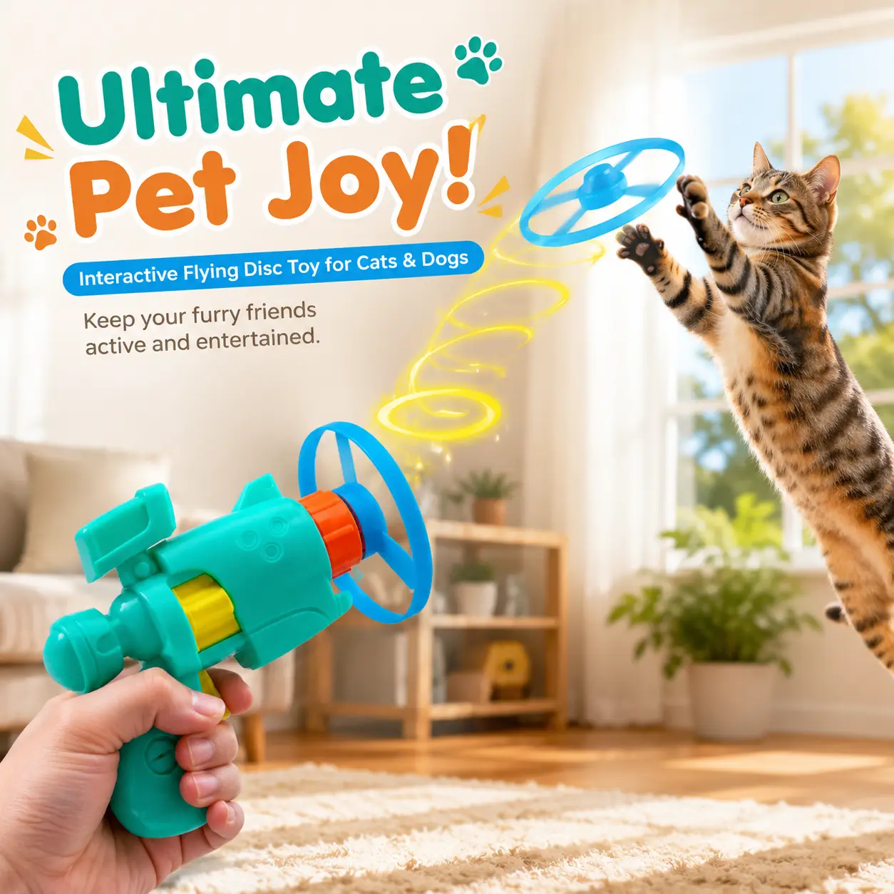 Cat Interactive Toy - Plastic Teal Flying Propeller Gun Launcher with Spinning Discs, Safe Premium Materials, Indoor-Outdoor Play Exercise Boost, Durable Kitten Active Play Chaser