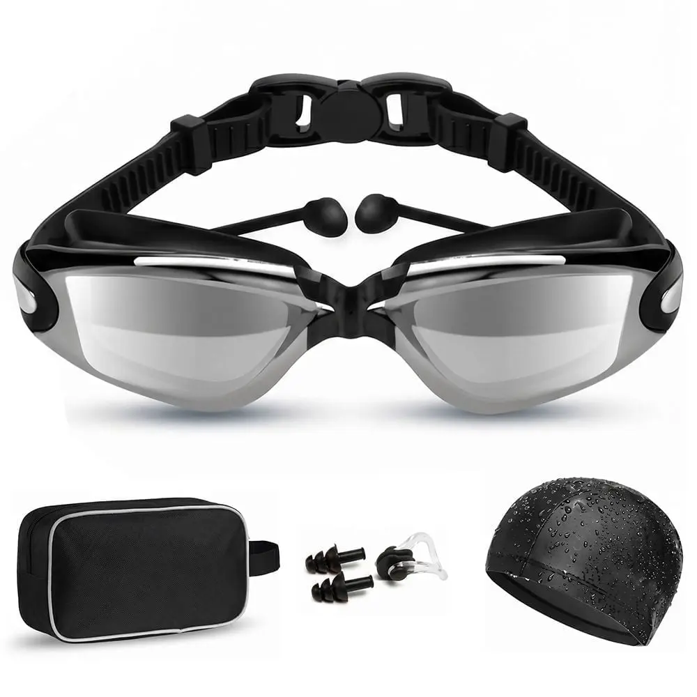 Swim Goggles Set Anti Fog No Leaking UV Protection Wide View HD Mirror PC Lens for Women Men Adult Youth Kids