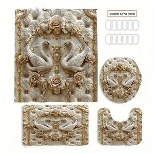 Swan Pattern Bathroom Accessories 4 Counts Set with Shower Curtain Toilet U-shape Mat Lid Cover & Rectangular Mat Multicolor Water-Resistant Decor Supplies