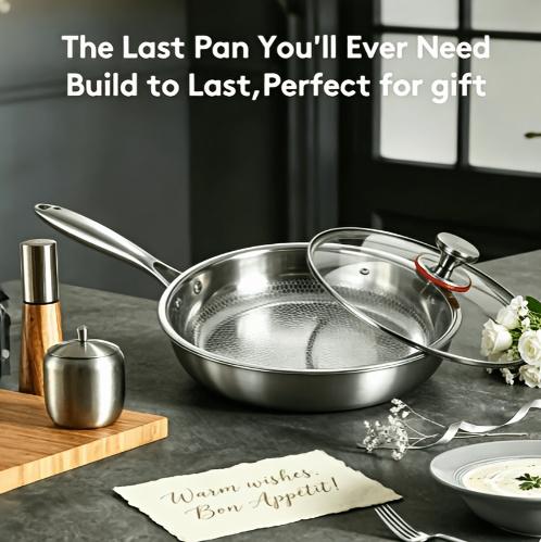 2026 Hot Selling New Titanium Frying Pan Hammered Texture with Lid And Spatula Gift, Upgraded Version of Non-Coated Non-Stick Titanium Pot, Matching Heat-Resistant Hollow Handle Glass Lid, Super Durable, Scratch-Resistant, Suitable for All Stoves