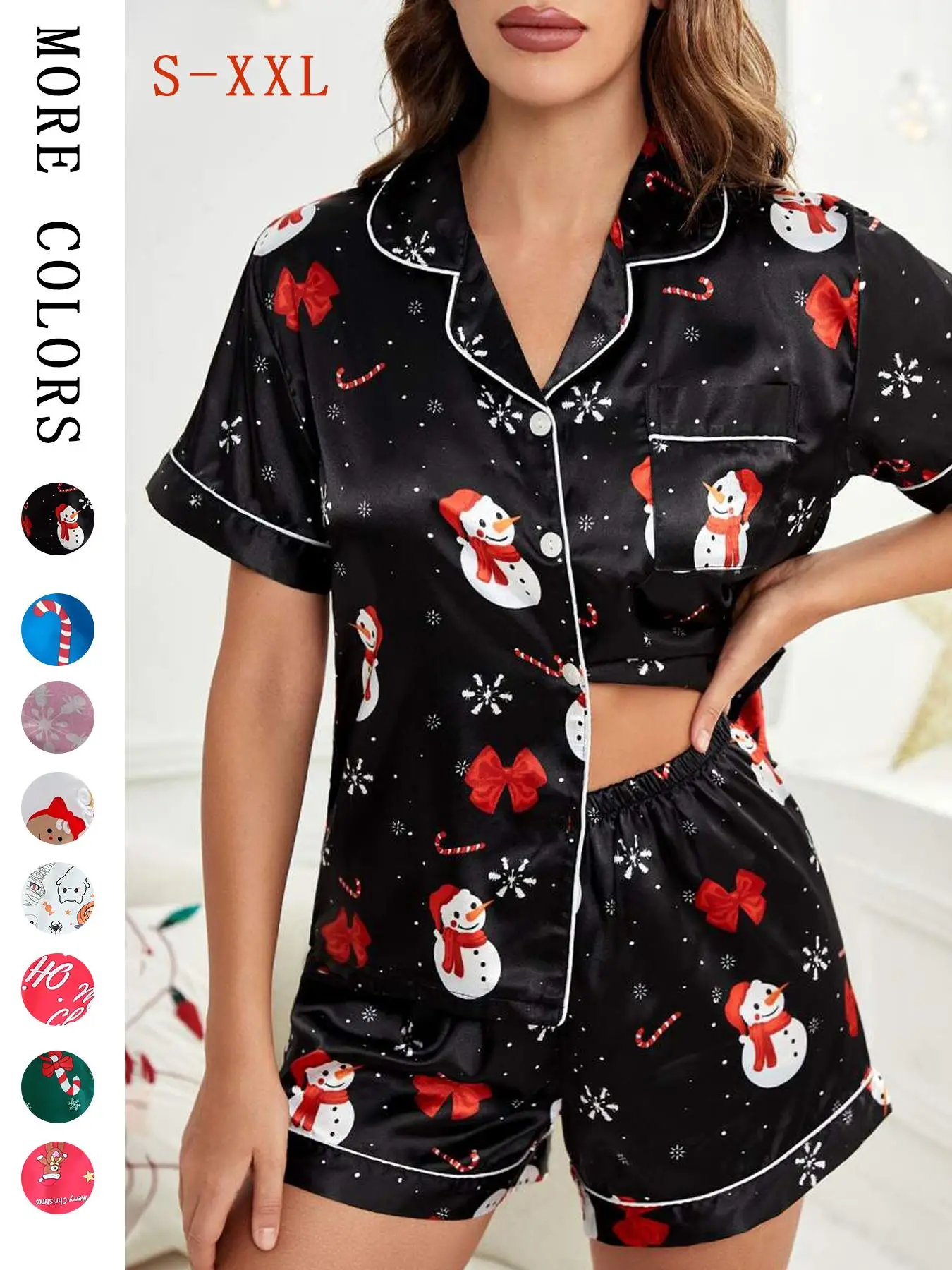 Chrismas Pajamas Set,Women's Halloween Print Lapel Neck Pocket Shirt & Shorts Satin Pyjama, Casual Comfy Short Sleeve Button Front Top & Shorts Pj Set