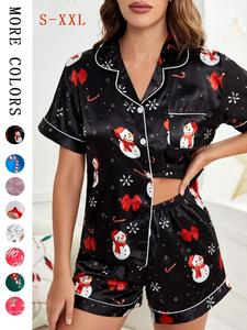 women's halloween print lapel neck pocket shirt & shorts satin pyjama, casual comfy short sleeve button front top & shorts pj set, ladies sleepwear for fall