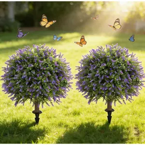 Artificial Boxwood Topiary Balls with Lavender – 24" Set of 2 Faux Shrub Bushes UV Resistant Faux Outdoor Plants for Indoor Porch Front Door, Evergreen Trees Faux Plant with Ground Spike