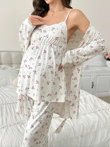 Romantic Floral Lace Maternity Sleepwear Set, Long Sleeve Fitted Pajamas, Casual All Seasons Nightgown, Three-Piece Ensemble, Pregnancy Clothes, Maternity Clothing