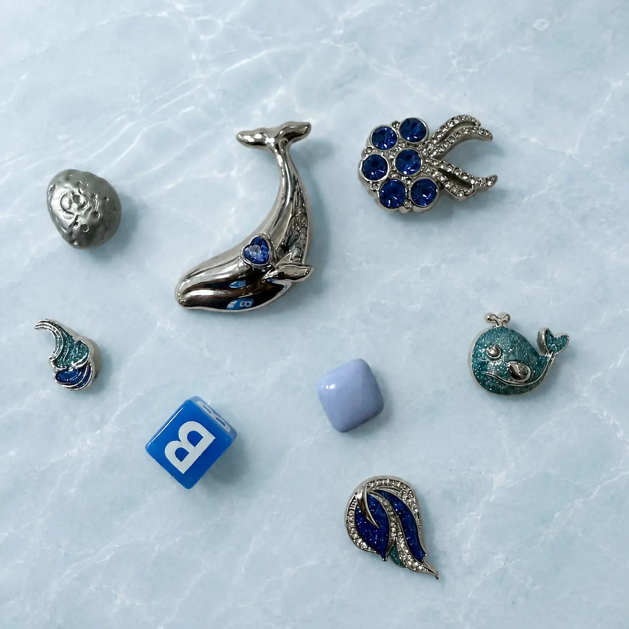 8PCS Ocean-Inspired Shoe Charms, Blue Rhinestone Whale Jellyfish Wave Decorative Accessories, Sparkling Silver Sea Animal Plug-In Charms for Clogs, Sandals and Wristbands