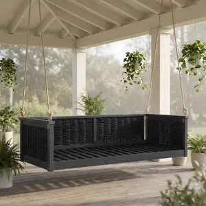 Outdoor Classic Solid Wood Twin Size Swing Bed, Garden Porch Rattan Swing Frame with Long Ropes for Poolside, Backyard, BLACK