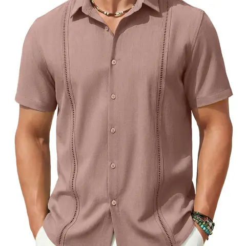 COOFANDY B Mens Short Sleeve Cuban Guayabera Shirt Casual Summer Beach Button Down Shirts Menswear Top Clothing Soft
