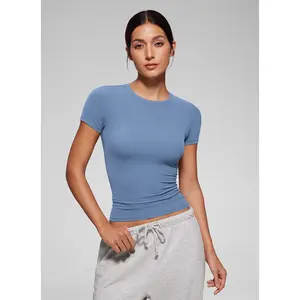 CRZ YOGA Softembrace Short Sleeve Going Out Tops for Women Soft High Crew Neck Casual Tight Shirts Fitted Basic T-Shirts