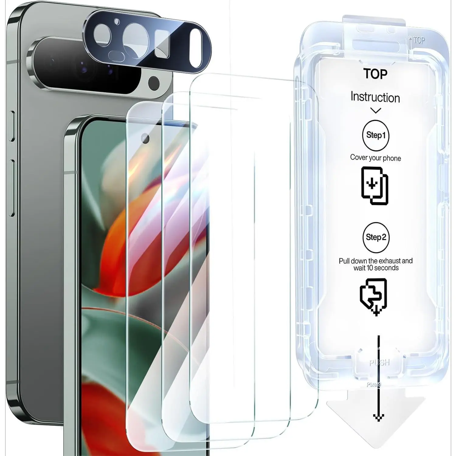 SQ-PCS002 [3+1 Pack Screen Protector For Google Pixel 9 Pro With Camera Lens Protector, Finger Print Reader Compatible, Clear 9H Tempered Glass Film, Fast & Easy Installation, Alignment Frame