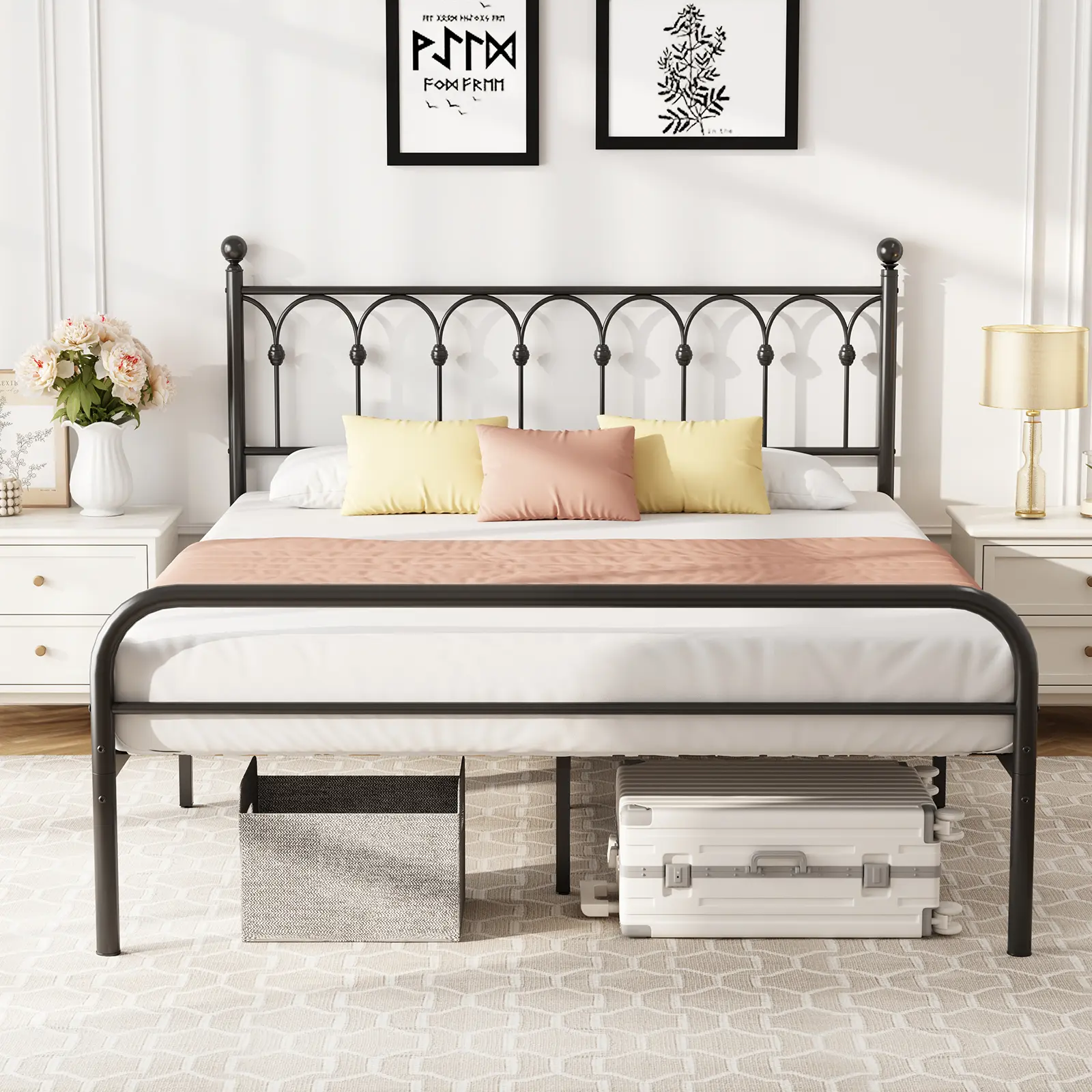 Metal Bed Frame with Rounded Base, Protective Footpads, Sturdy Steel Slat Support, Multiple Support Legs, Underbed Storage, No Box Spring Needed, Includes Assembly Instructions for Memory Foam & Spring Mattresses