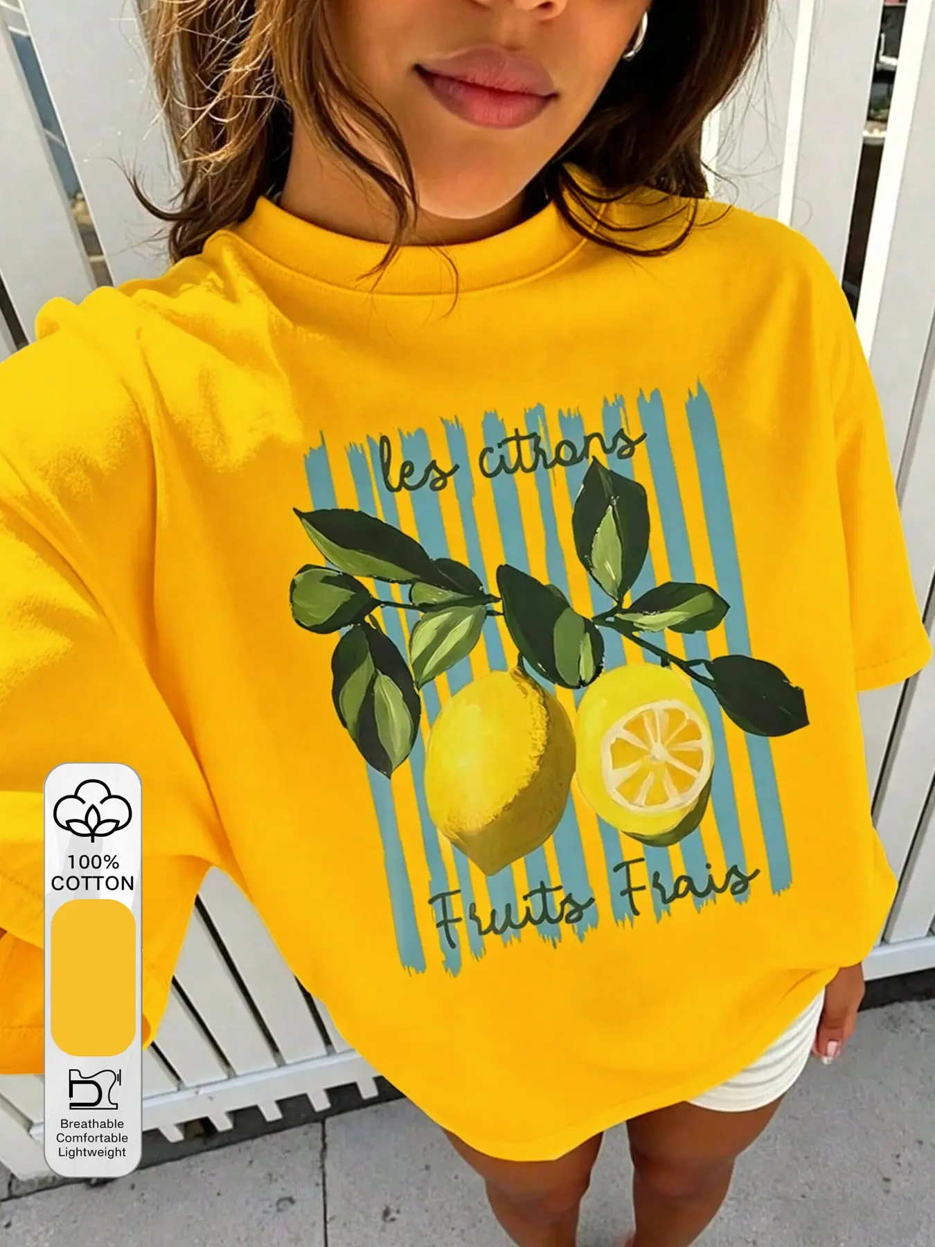 Round Neck Pure Cotton Short Sleeve T-Shirt, Loose, with Slogan and Lemon Graphic Pattern, Suitable for Spring and Summer, Casual Wear