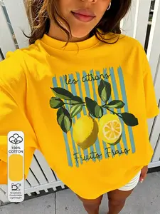 Round Neck Pure Cotton Short Sleeve T-Shirt, with Slogan and Lemon Pattern, Suitable for Spring and Summer, Casual Wear