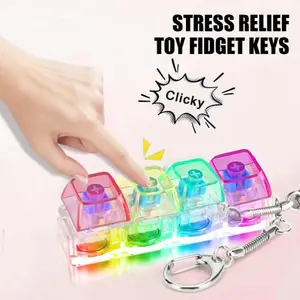 LED Keyboard Fidget Clicker Keychain – 4-Key Mechanical Button Stress Relief Toy, Tactile Clicker for ADHD Anxiety, Transparent Mini Desk Fidget Gadget for Adults Teens