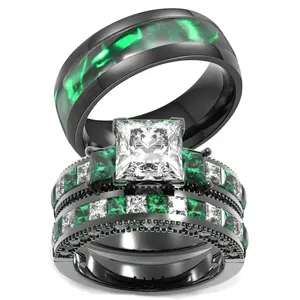Ringcrown Couple Rings Matching Set 1.5ct Princess Cut CZ Black & Green Titanium Steel Wedding Bands for Him and Her Gift Idea