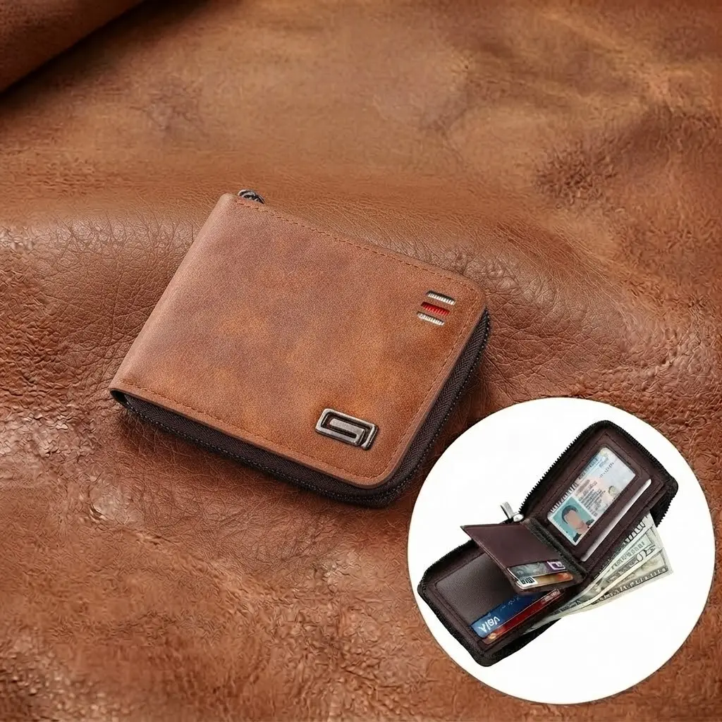 Men's Compact Zip Wallet, High Capacity Wallet with Multiple Card Slots, Portable Leather Wallet for Cash, Cards & Coins