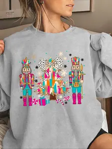 Women's Cartoon Nutcracker Print Round Neck Sweatshirt, Casual Long Sleeve Pullover for Fall & Winter, Women's Clothes for Daily Wear