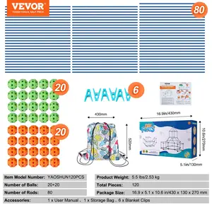 VEVOR Fort Building Kit for Kids, 120PCS STEM Building Toys, Educational Gift for 4 5 6 7 8+ Year Old Boys Girls, Indoor Outdoor Play Tent Builder Set Construction Toys with 80 Rods and 40 Balls