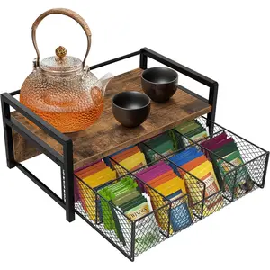 1pc Space Saving Kitchen Countertop Storage Rack With Drawers And Mesh Baskets, Coffee Pod, Tea Bag Organizer, Wood Tea Organizers And Storage Chest, Teabag Holder With Storage Drawer, Tea Station Chest Display Container Box For Countertop Kitchen, R