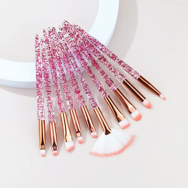 Baopinger 10-piece Makeup Brush Set with Pink Glitter Crystal Handle Soft Nylon Bristles for Foundation Eyeshadow Blending Fragrance-free All Skin Types