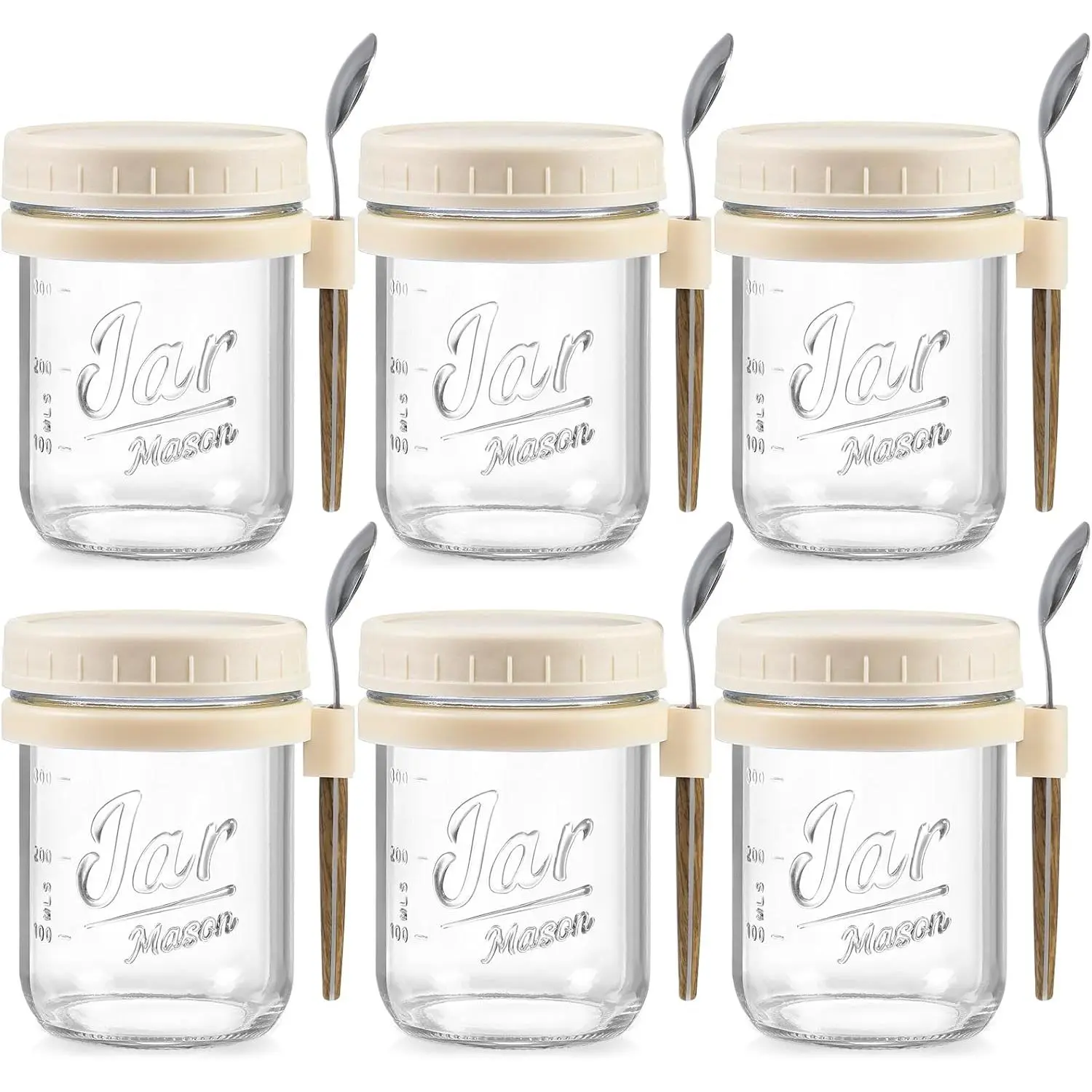 6 Pack Sturdy Wide Mouth 16 oz Glass Mason Overnight Oats Containers with Airtight Lids & Stainless Steel Spoons, Large Capacity Kitchenware Utensils for Milk, Cereal (Beige)